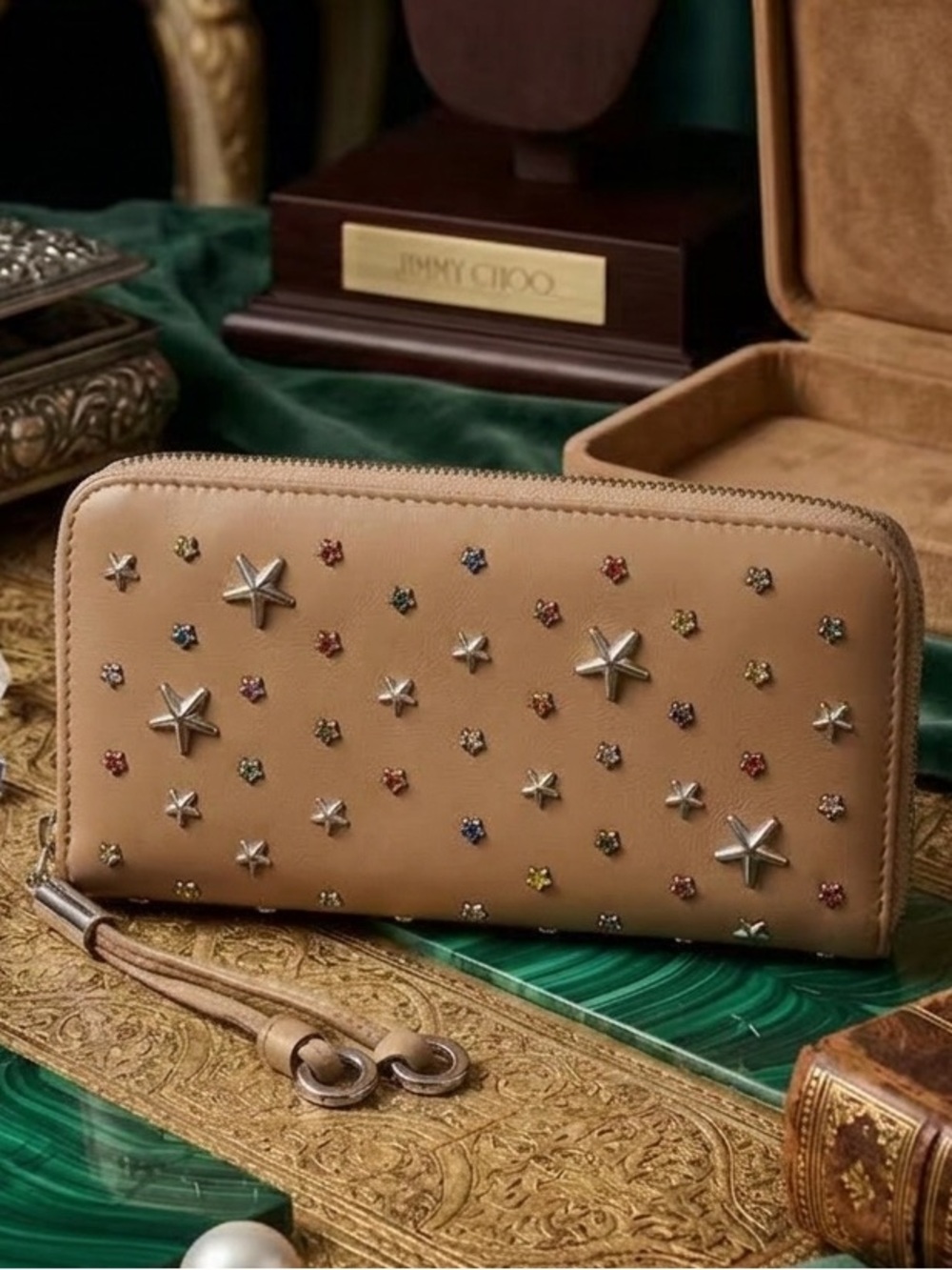 Jimmy Choo Beige Star-Stud Continental Zip Wallet with Multicolor Accents